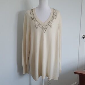Soft Surrounding Pull Over V Neck Sweater, Cream, XL
